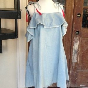 Chambray Denim Off Shoulder Tie w/ Pocket Sundress